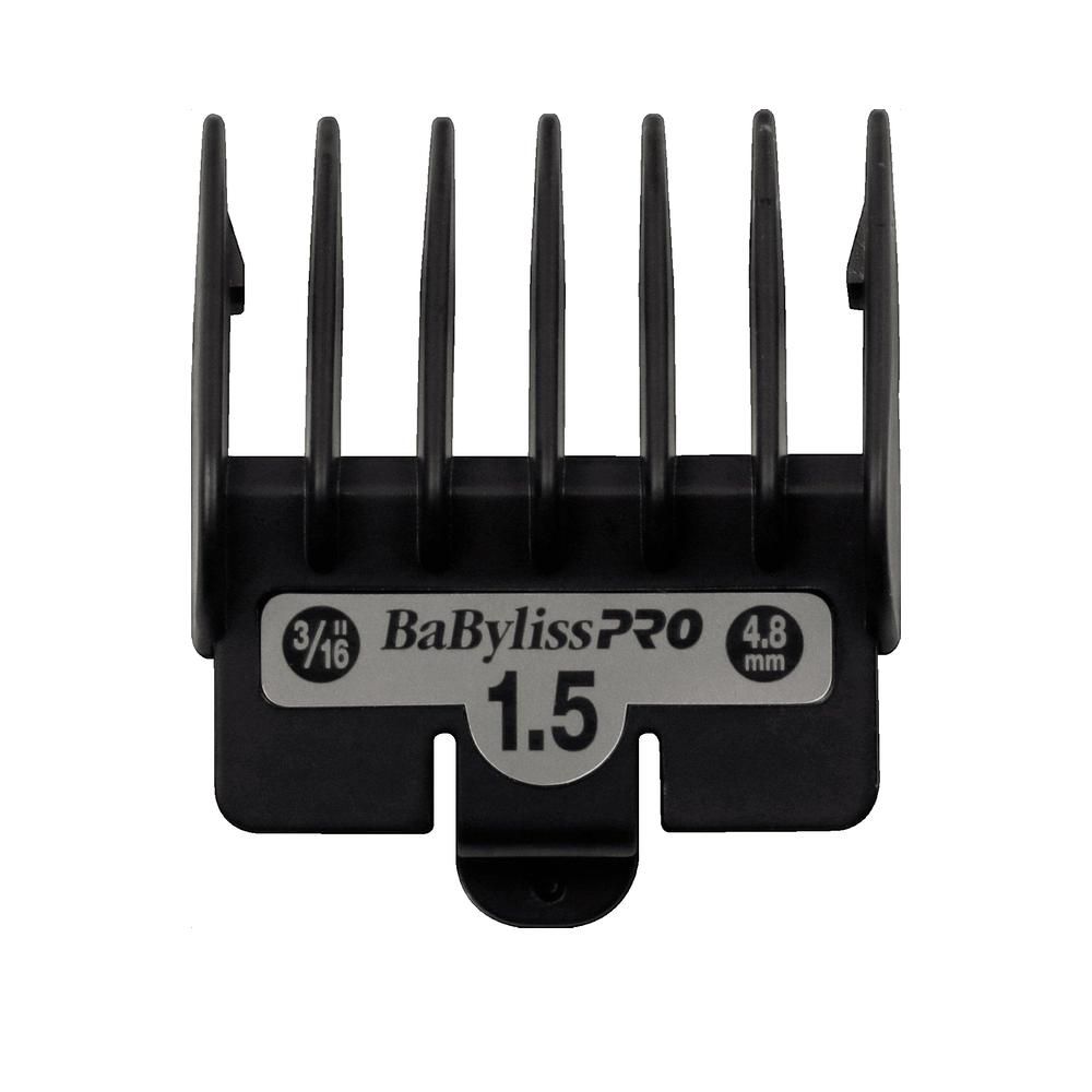 Schwarzer Haarschneideaufsatz mit der Aufschrift "BaBylissPRO" und der Nummer 1.5. Zeigt auch die Maße 3/16 und 4.8 mm.