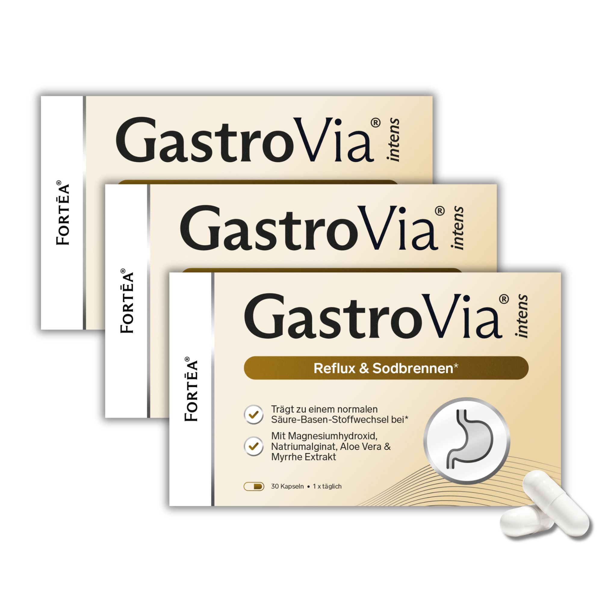 Drei Packungen GastroVia® intens Reflux & Sodbrennen mit Kapseln.