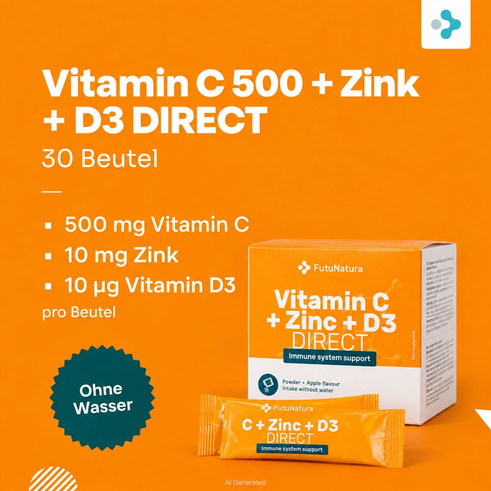 FutuNatura Vitamin C + Zink + D3 DIRECT, 30 Beutel. Ohne Wasser einnehmbar.