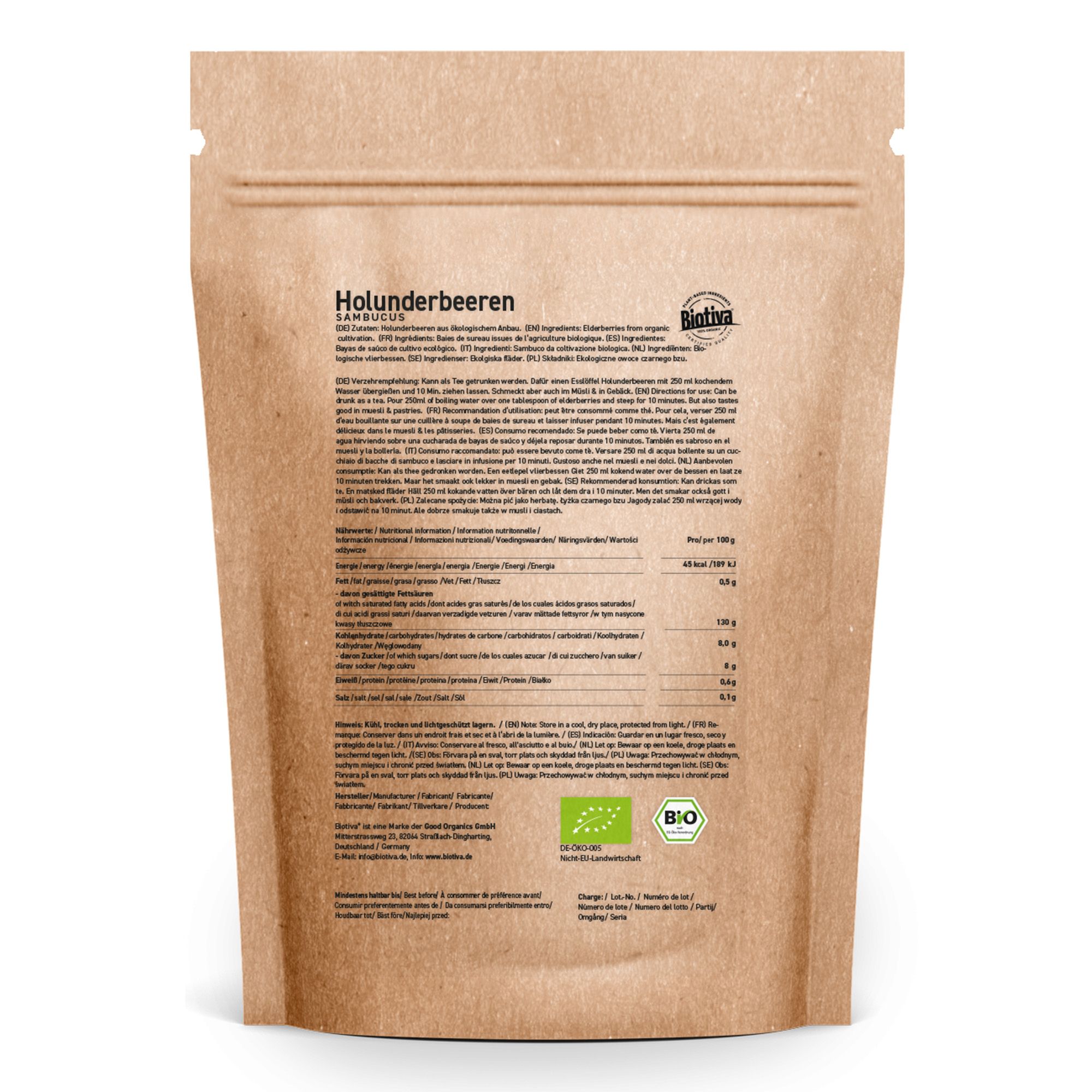 Braune Tüte mit Produktinformationen. Text: Holunderbeeren, Biotiva, Bio-Zertifizierung. Rückseite mit Nährwertangaben und Zertifizierungen.