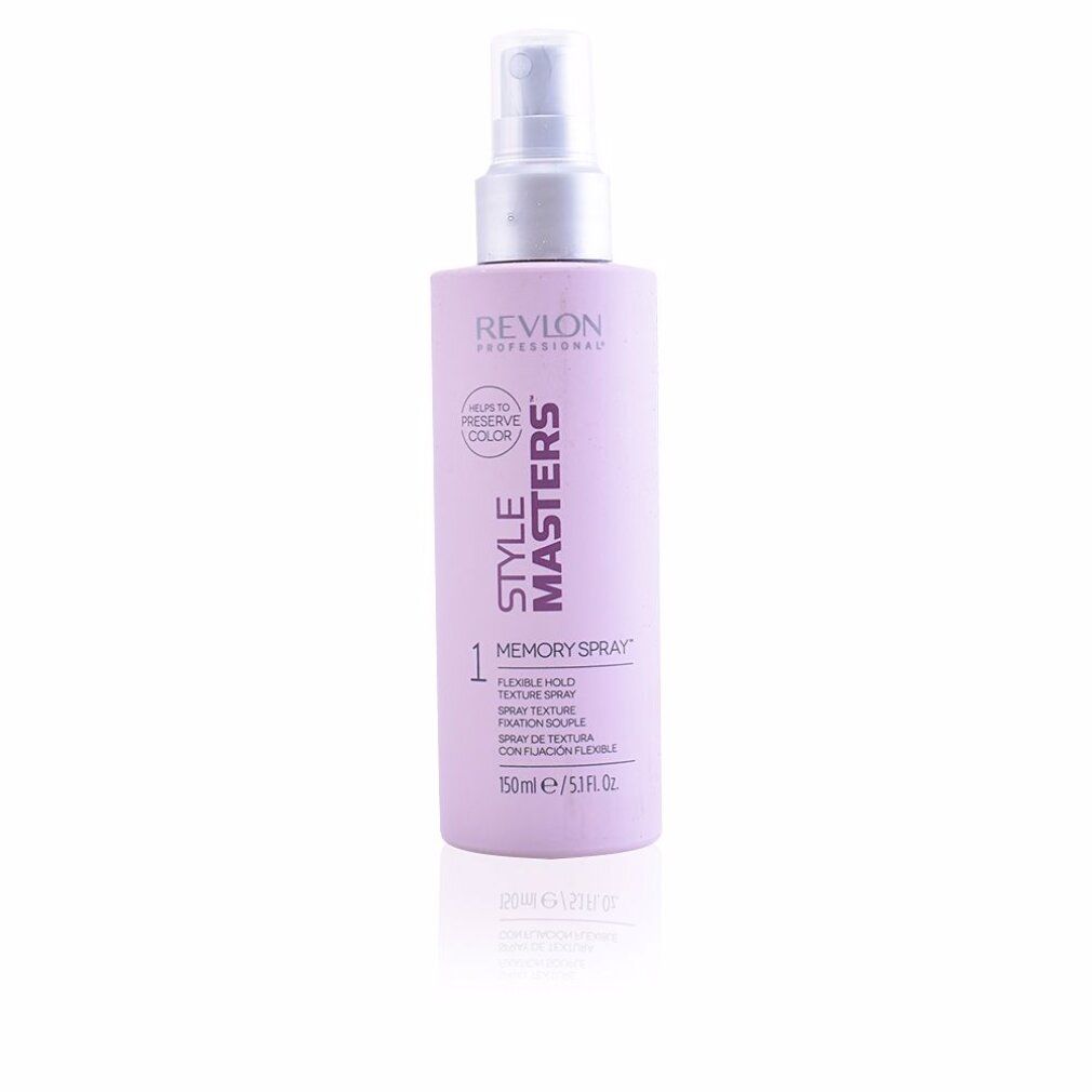 Lila Sprühflasche mit silbernem Sprühkopf. Aufschrift: Revlon Style Masters Memory Spray. 150ml.
