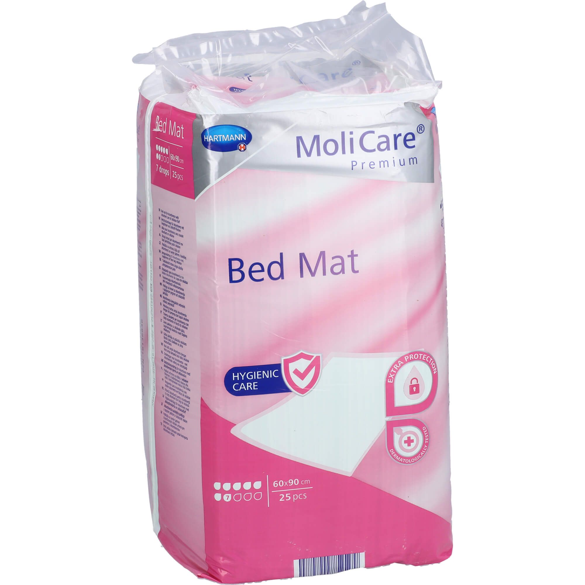 Verpackung mit Bettschutzunterlagen. MoliCare Premium, Bed Mat, 60x90cm, 25 Stück. Hygienische Pflege.