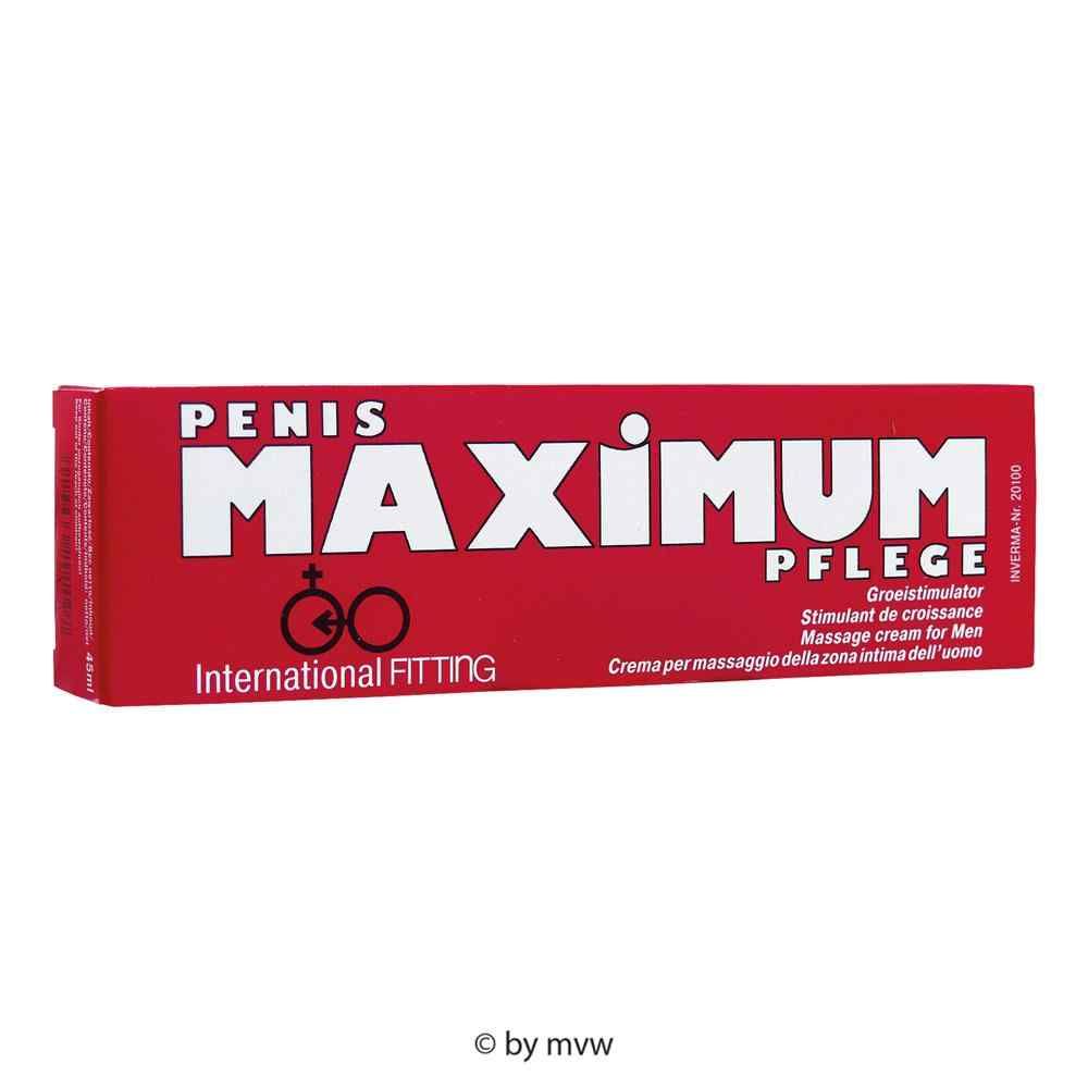 Rote Schachtel mit weißer Schrift: PENIS MAXIMUM PFLEGE. Logo: International Fitting. Text in Deutsch, Niederländisch, Französisch, Italienisch.