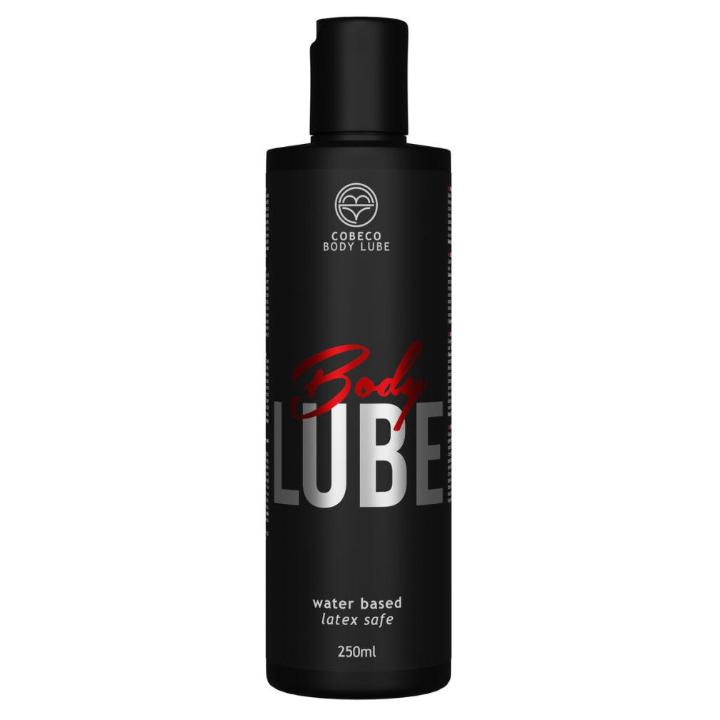 Schwarze Flasche mit schwarzem Deckel. Aufschrift "Body LUBE" in Weiß und Rot. Text: "water based latex safe".