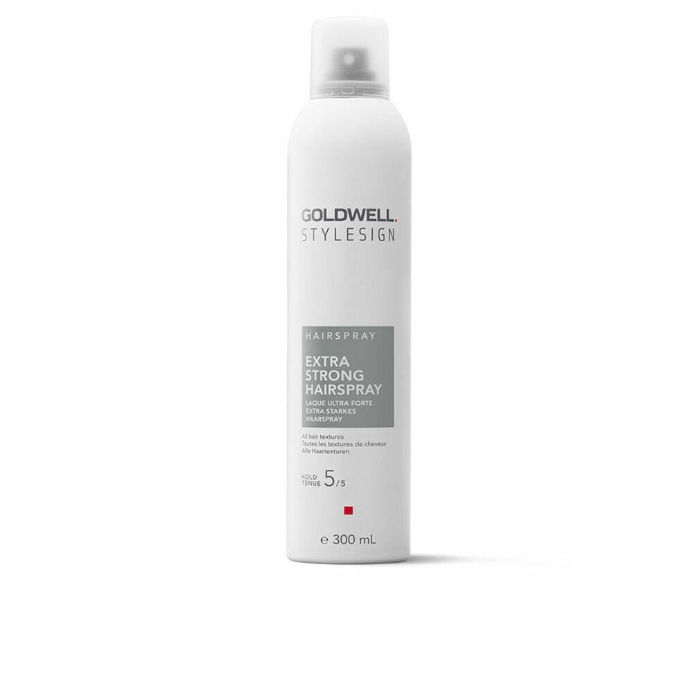 Goldwell Stylesign Haarspray. Weiße Sprühflasche mit grauem Etikett. Text: Extra Starkes Haarspray. 5/5. 300 ml.