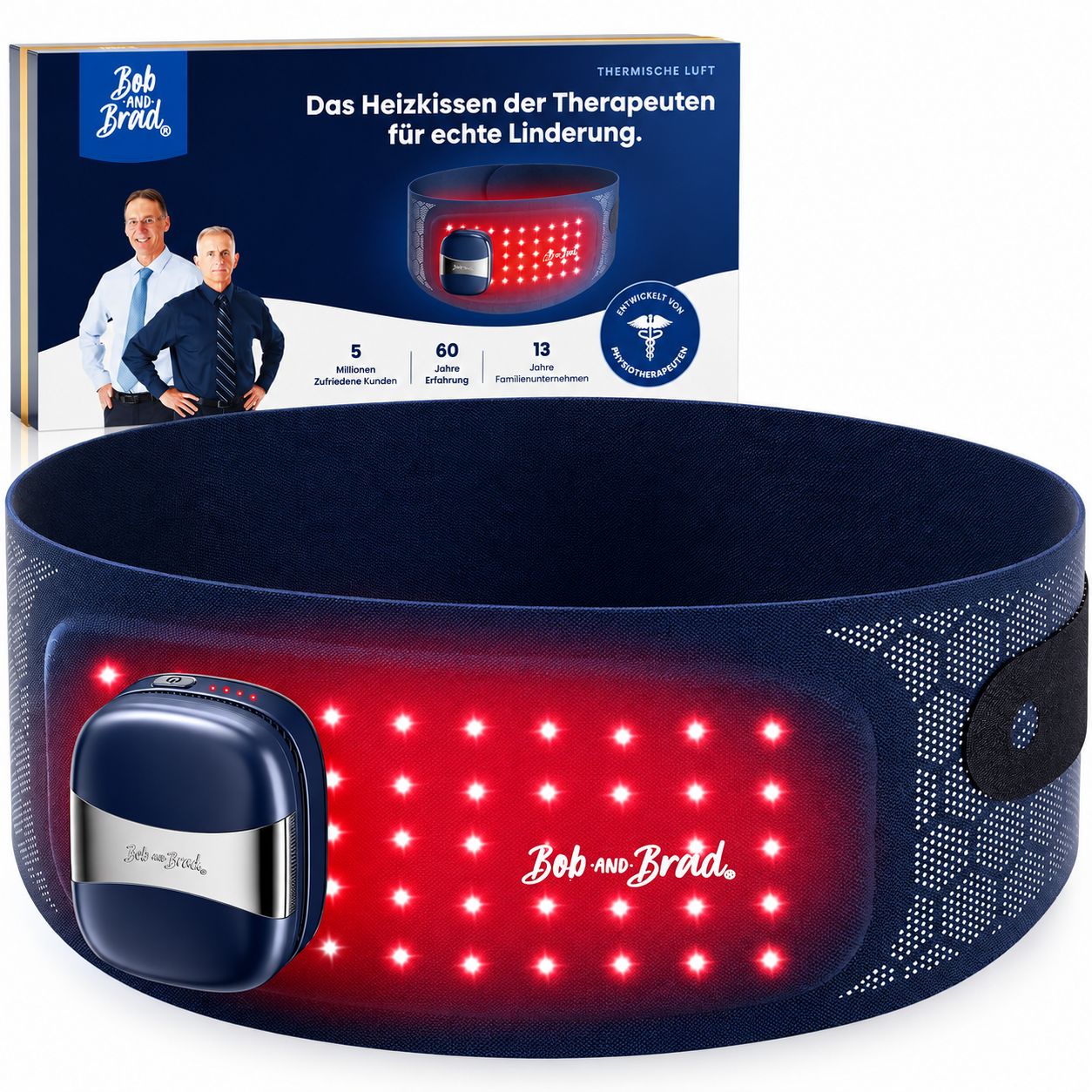 Blaues Heizkissen mit rotem Licht und dem Logo 'Bob and Brad'.