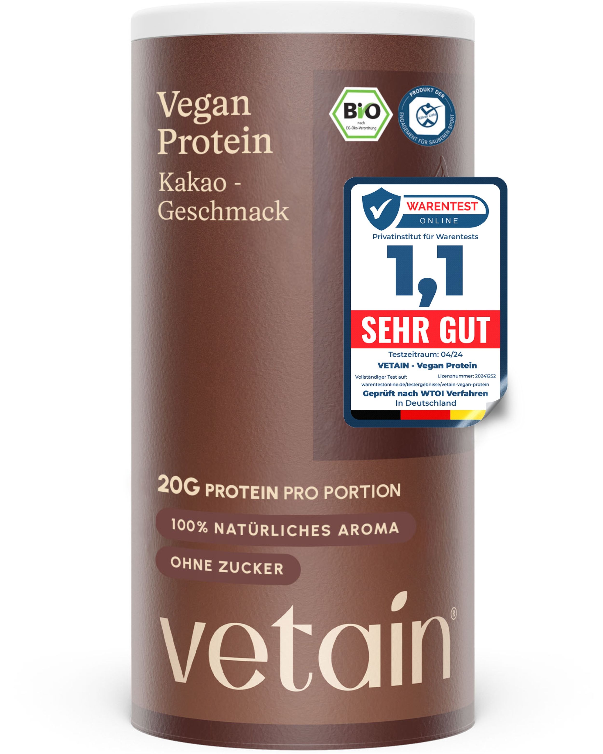 Dose Vetain Vegan Protein Kakao mit Bio-Siegel und Waretest-Auszeichnung.