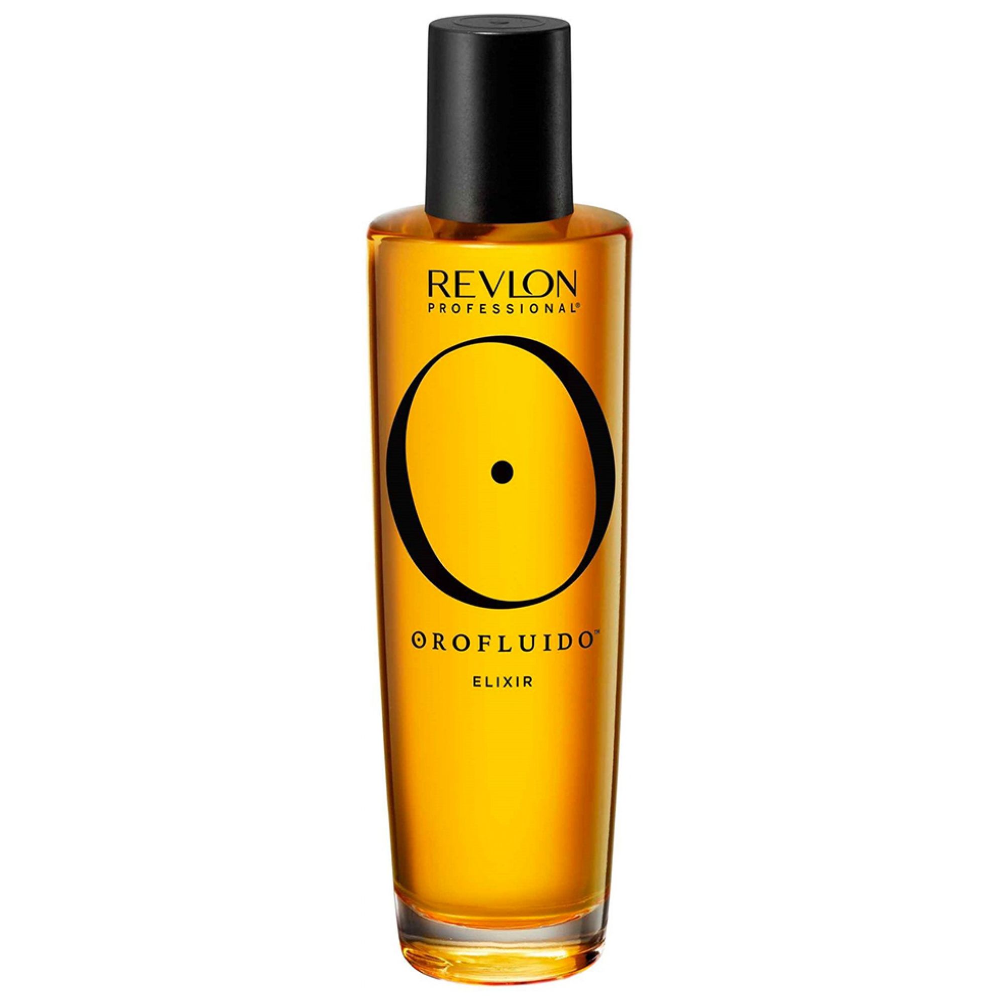 Revlon Orofluido Elixir in einer durchsichtigen Glasflasche mit schwarzem Verschluss.