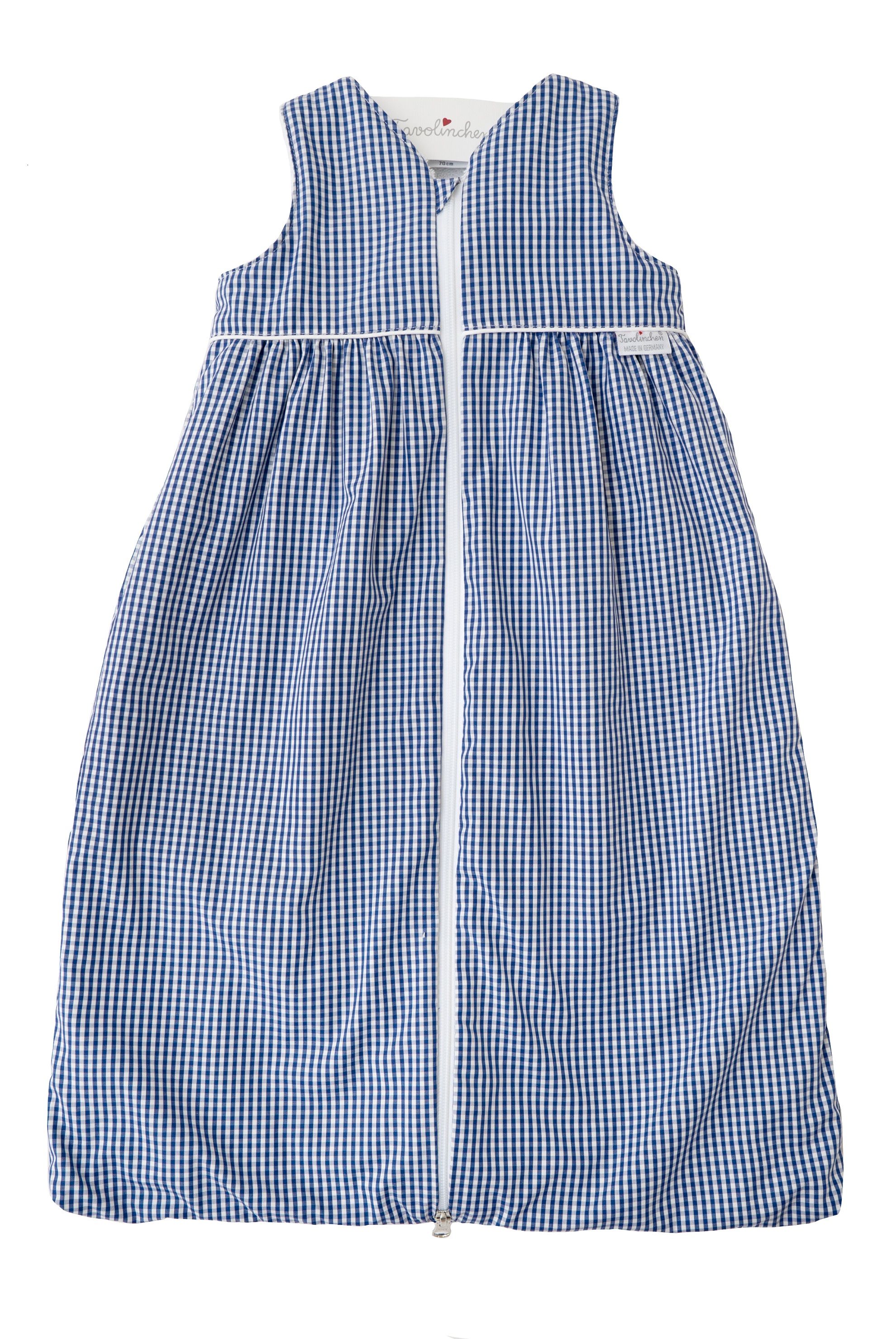 Blauer Schlafsack mit weißem Reißverschluss. Gingham-Muster. Ohne Ärmel. Marke am oberen Rand.