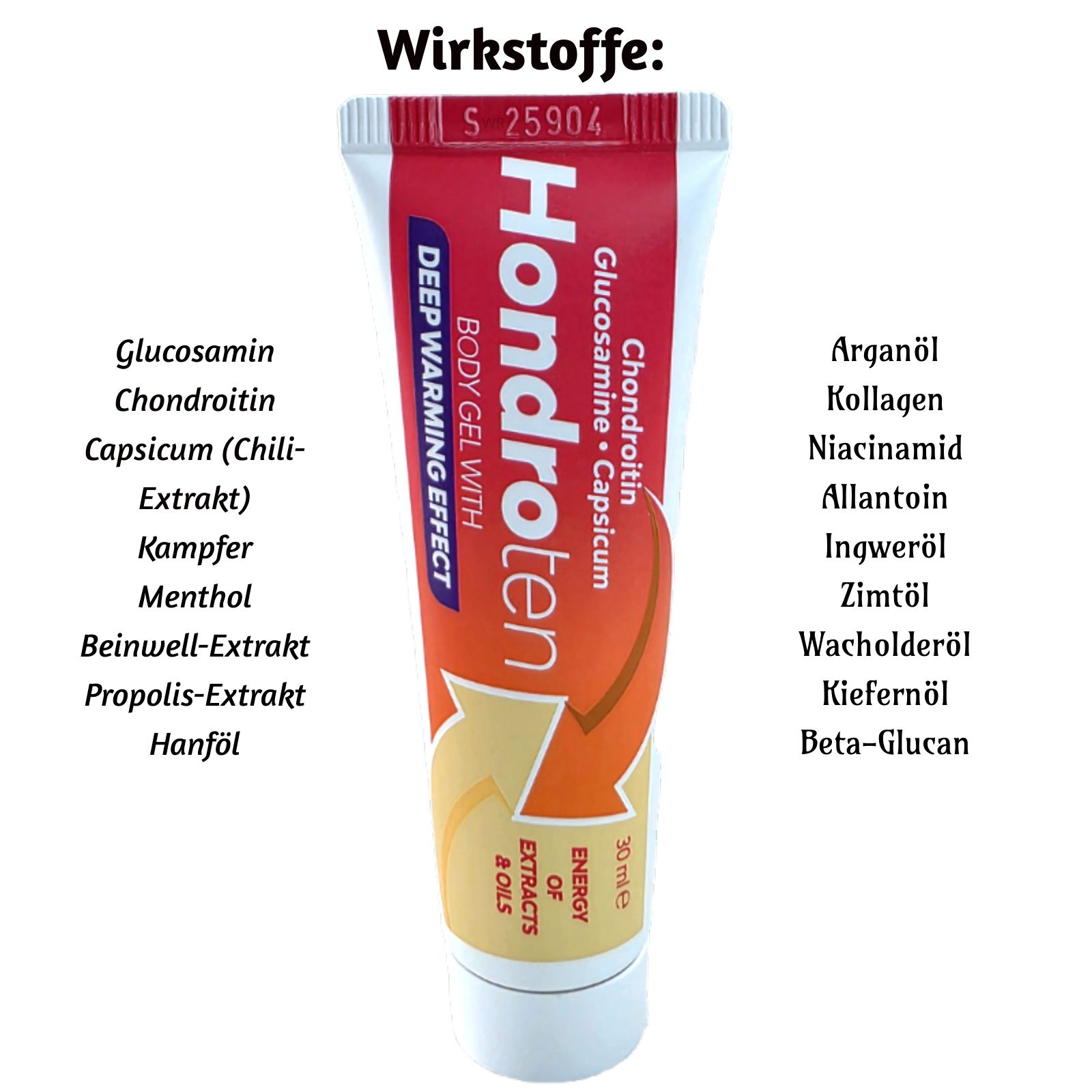 Tube Hondroten. Inhaltsstoffe: Glucosamin, Chondroitin, Capsicum, etc. Orangefarbenes Design. 30 ml. Wirkstoffe aufgelistet.