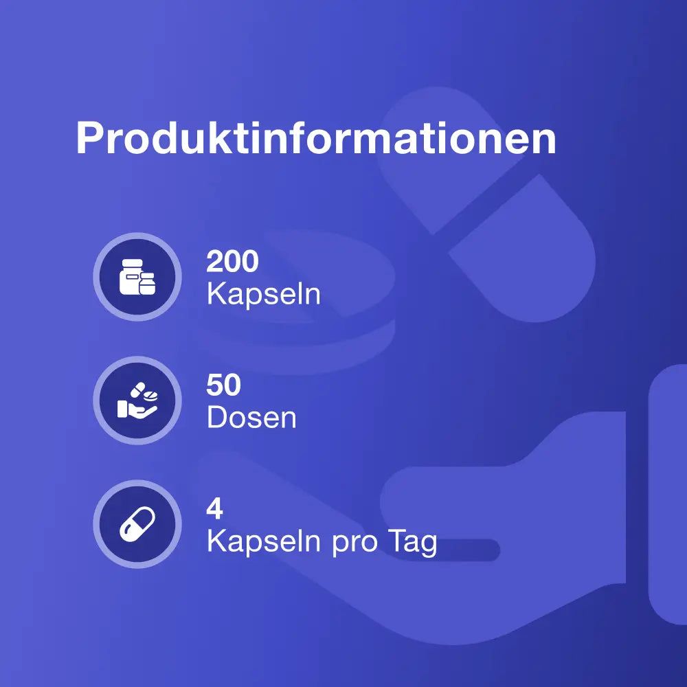Grafik mit Produktinformationen. 200 Kapseln, 50 Dosen, 4 Kapseln pro Tag.
