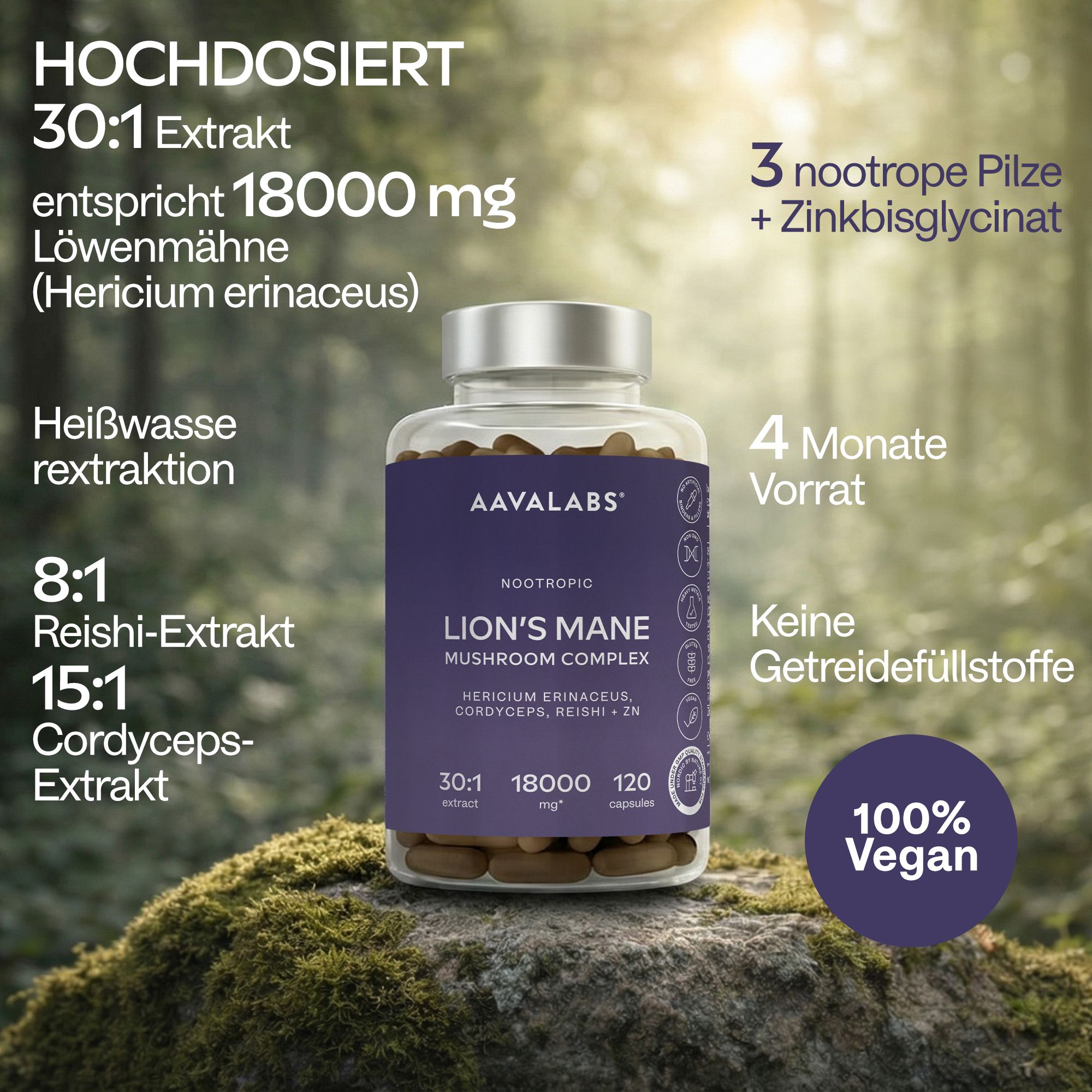 Flasche mit Kapseln auf einem Stein. Text: 30:1 Extrakt, 18000 mg, 100% Vegan. Enthält Löwenmähne, Reishi, Cordyceps.