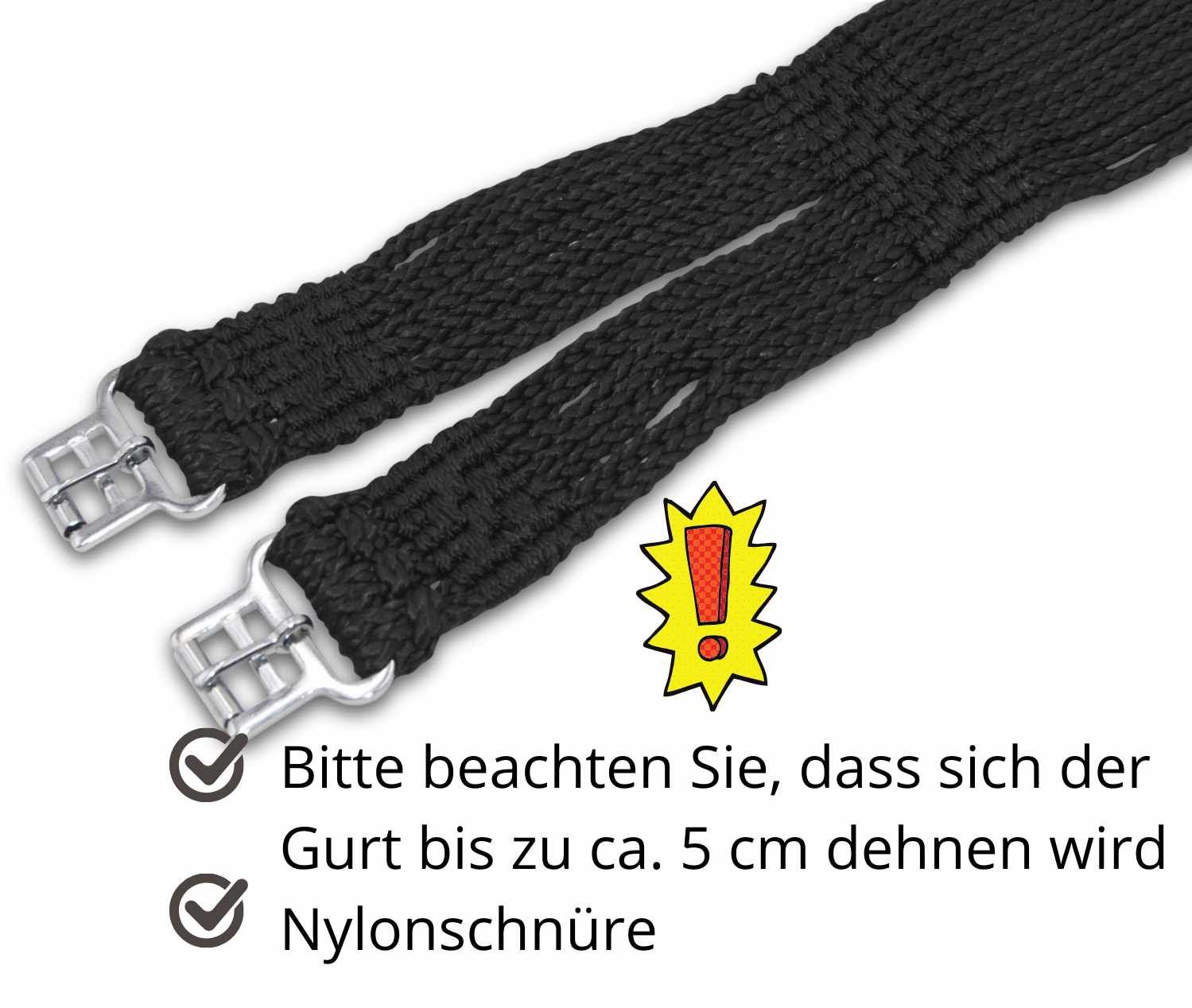 Schwarzer Sattelgurt aus Nylon mit Metallschnallen. Text: Gurt dehnt sich bis zu ca. 5 cm. Nylonschnüre.