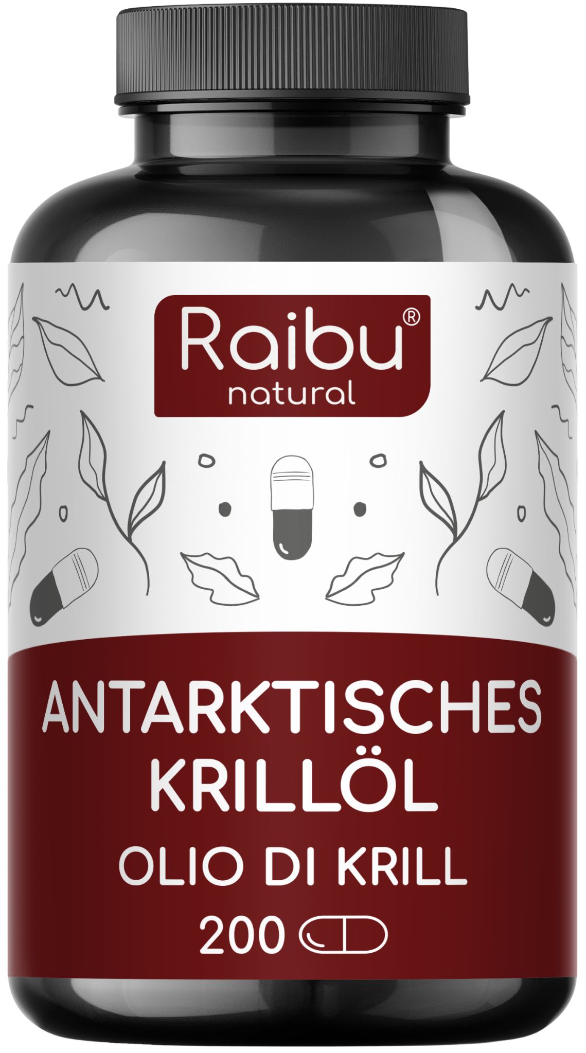 Braune Flasche mit schwarzen Kapseln. Aufschrift: Antarktisches Krillöl, Raibu natural. 200 Kapseln.