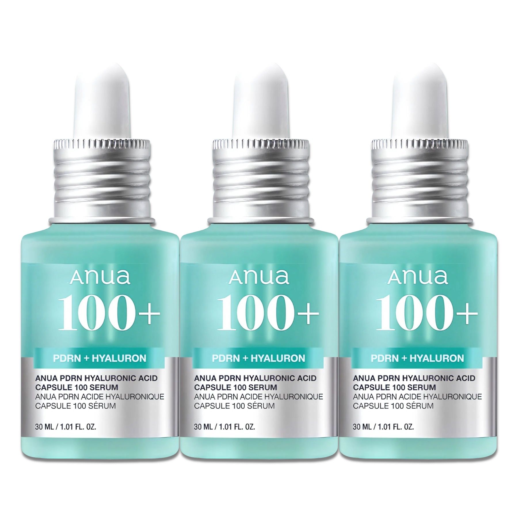 Drei Serumflaschen, Marke Anua, mit blauer Flüssigkeit. Aufschrift: 100+ PDRN + Hyaluron. 30 ml/1.01 fl. oz.
