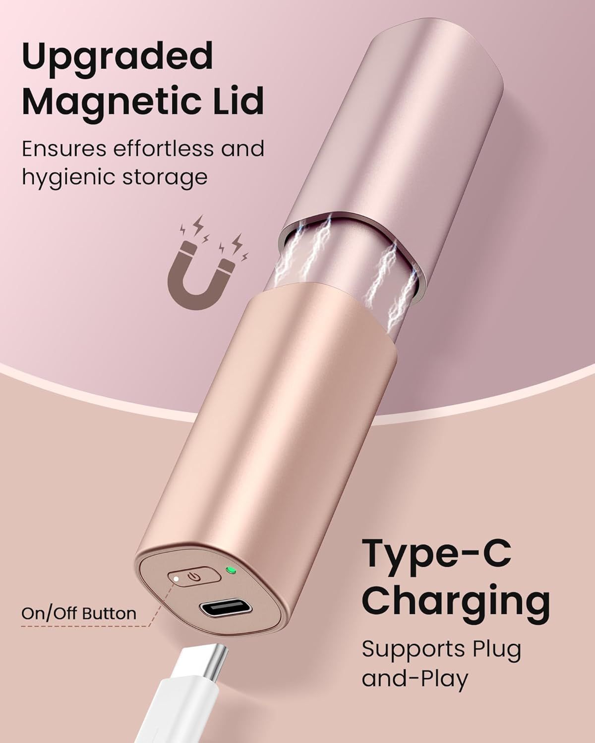 Rosafarbener Gesichtshaarentferner mit magnetischem Deckel. Text: Typ-C-Aufladung. On/Off-Taste. USB-C-Anschluss. Weißes Ladekabel.