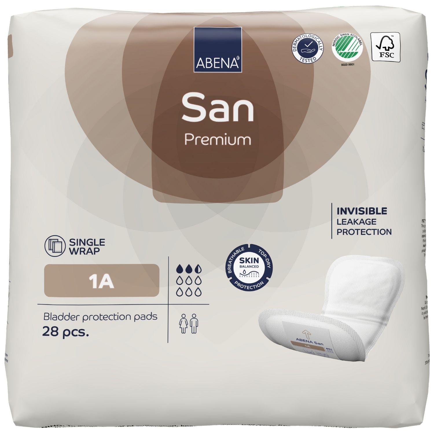 ABENA San Premium Vorlagen 9, Einzelverpackung. 1A, 28 Stück. Mit Hautschutz und atmungsaktiv. Sichtbar: Logo, Zertifizierungen.