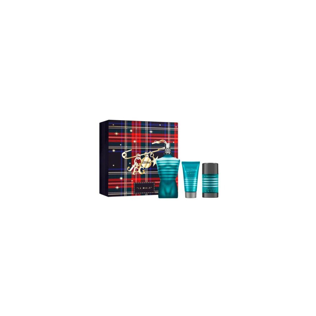 Geschenkset mit Flakon, Tube und Deostift. Flakon in Torsoform, blau. Verpackung mit Tartanmuster und Schmuck.
