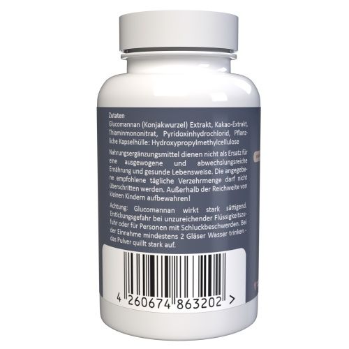 Weiße Flasche mit Zutatenliste und Barcode. Enthält Glucomannan, Kaka-Extrakt, Thiaminmononitrat, Pyridoxinhydrochlorid.
