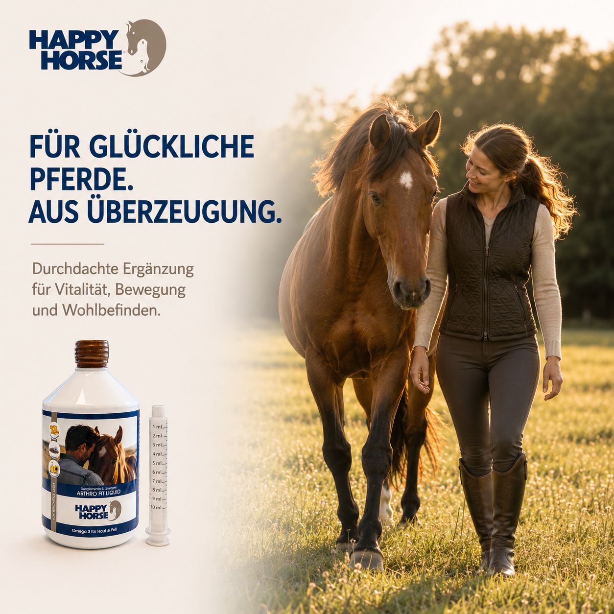 Happy Horse Arthro Fit Liquid Flasche mit Messspritze, neben einem Pferd und Reiter im Freien.
