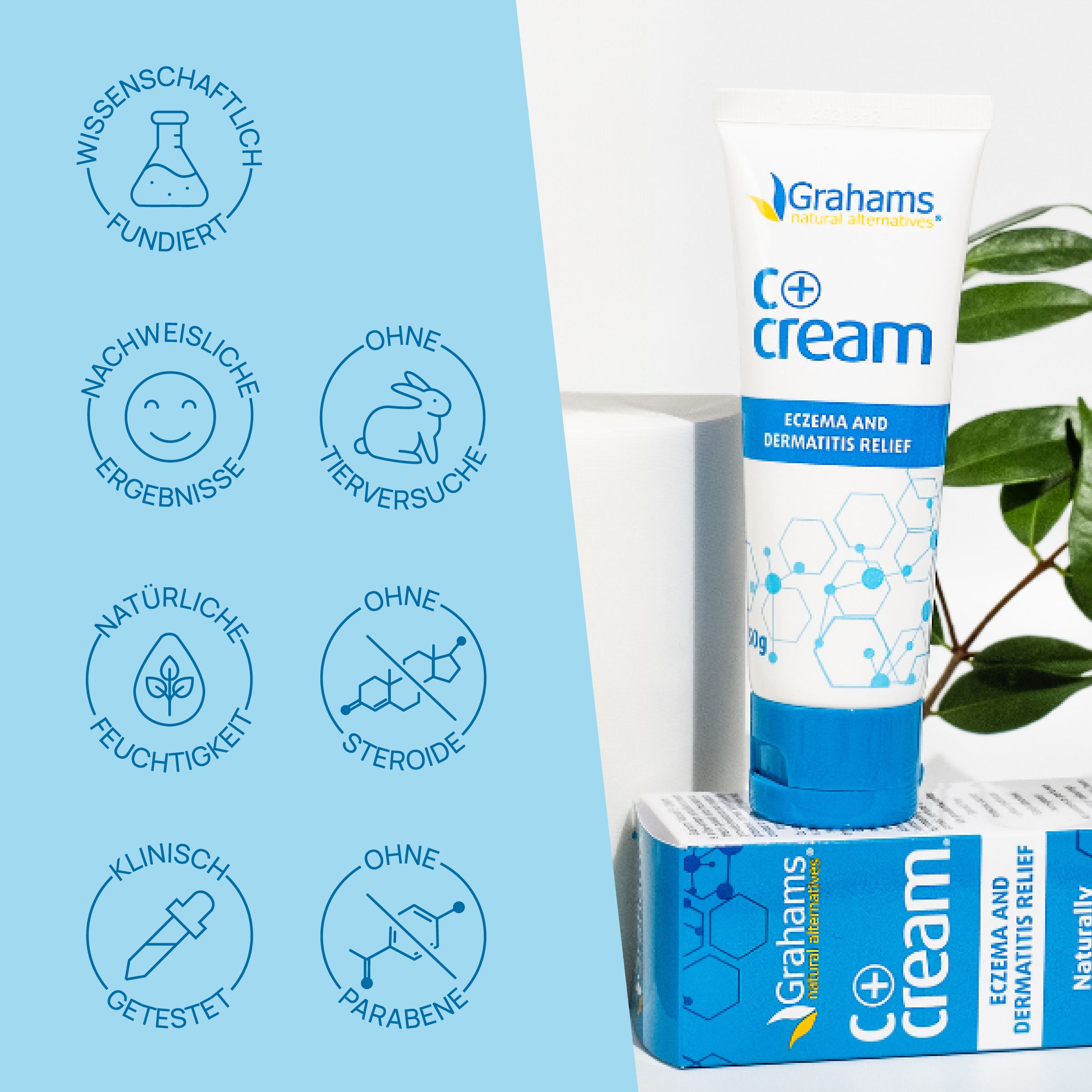 Grahams C+ Creme Tube und Schachtel. Logos: wissenschaftlich fundiert, ohne Tierversuche, ohne Steroide, klinisch getestet.