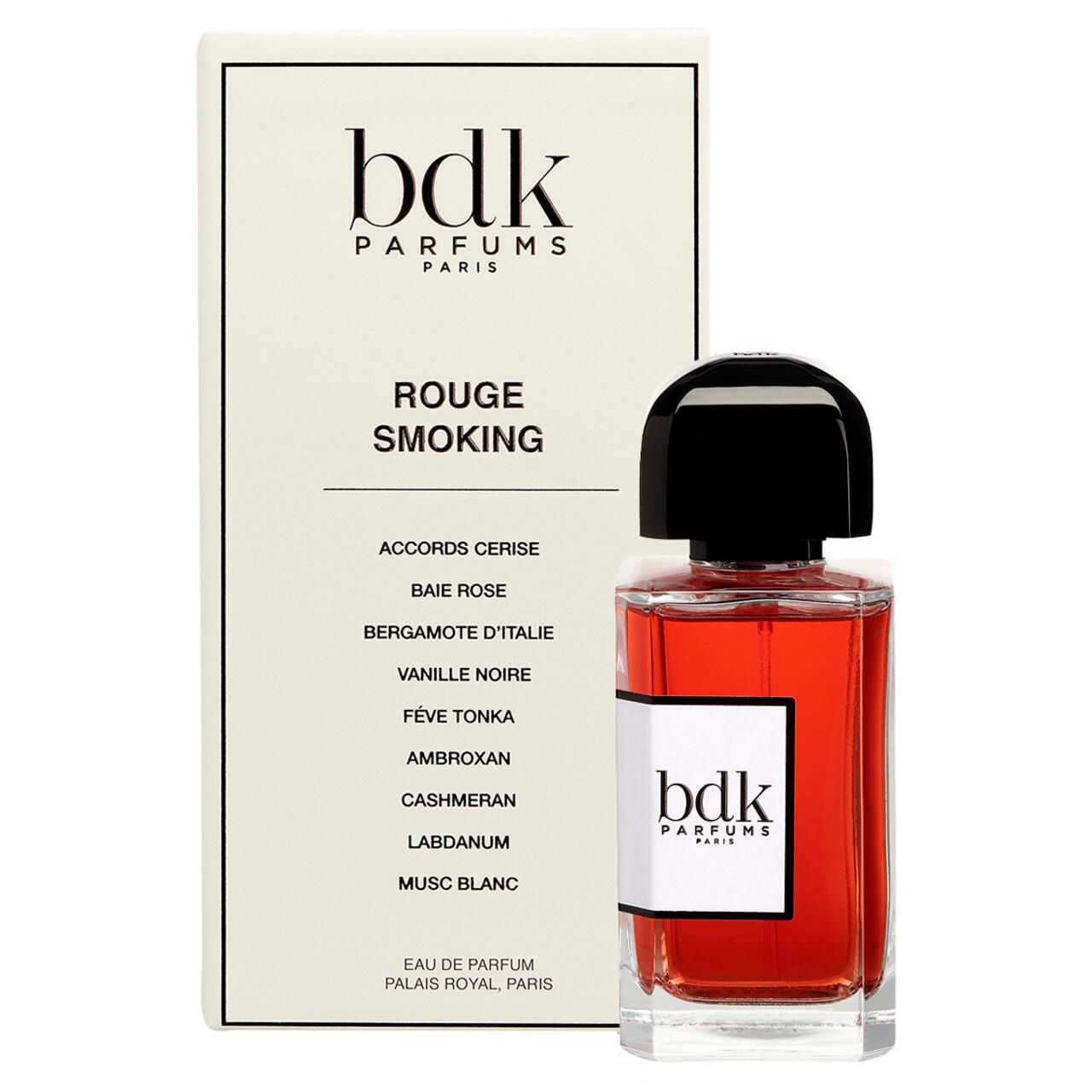 BDK Parfums Flakon und Verpackung. Flakon mit roter Flüssigkeit. Verpackung mit Inhaltsstoffen.