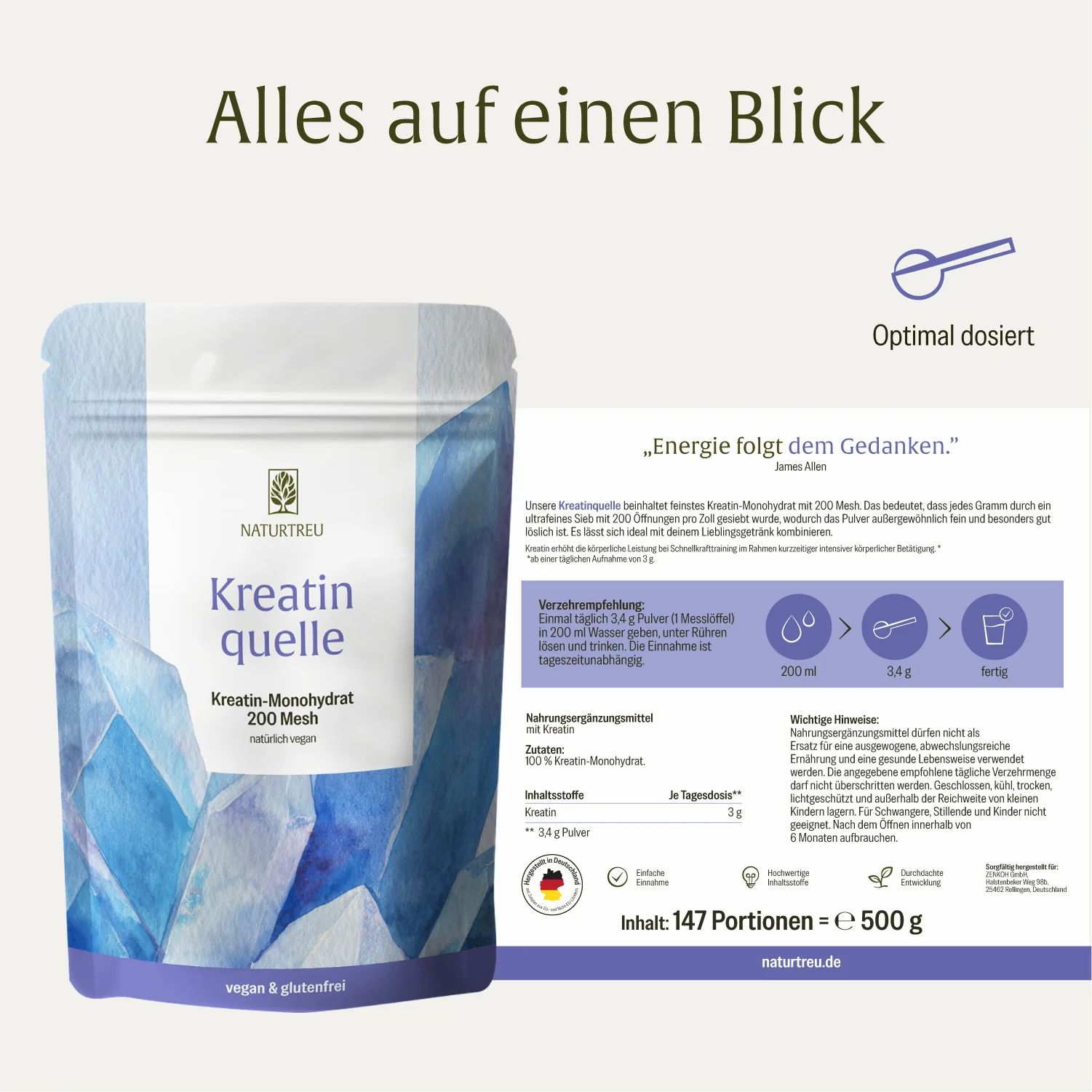 Kreatin Pulver Beutel und Informationsblatt mit Nährwertangaben und Portionsgröße.