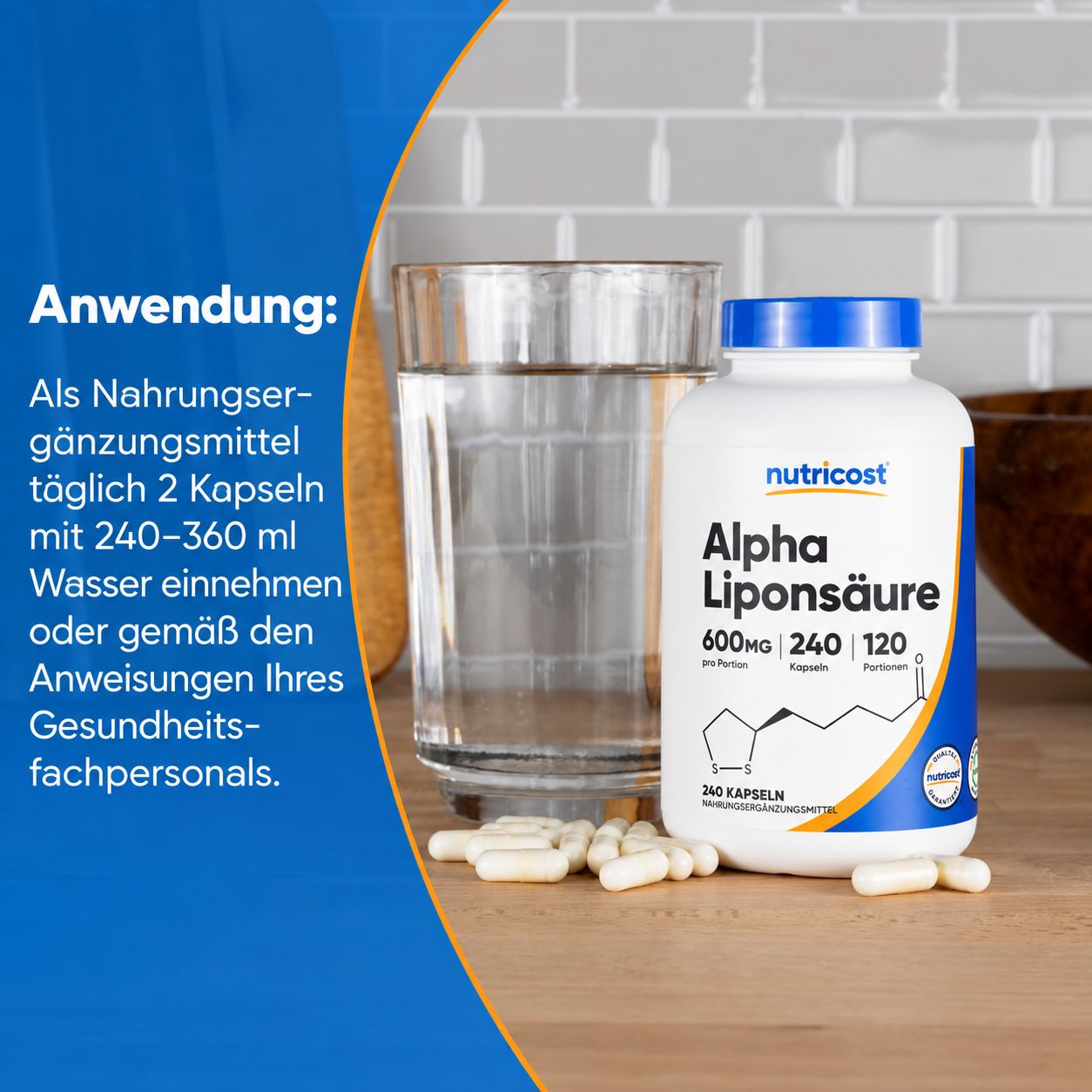Nährwertangaben für Alpha-Liponsäure: 600mg pro Portion, 240 Kapseln, 120 Portionen.