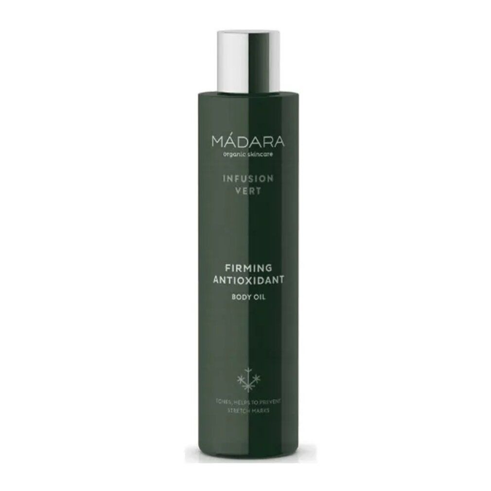 Grüne Flasche mit silbernem Deckel. Aufschrift: MÁDARA, Infusion Vert, Firming Antioxidant Body Oil.