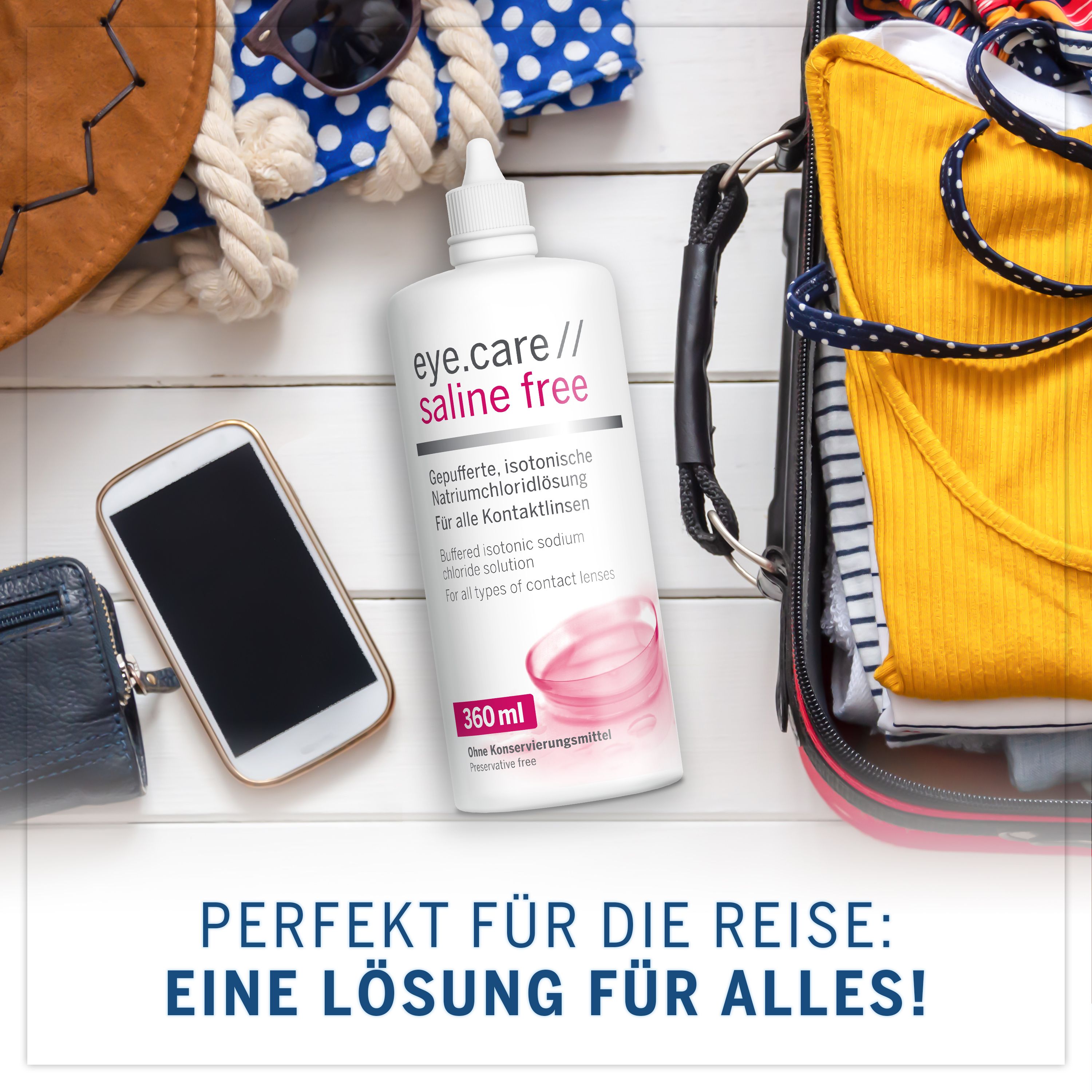 eye.care // saline free Flasche mit Reiseutensilien. Perfekt für die Reise.