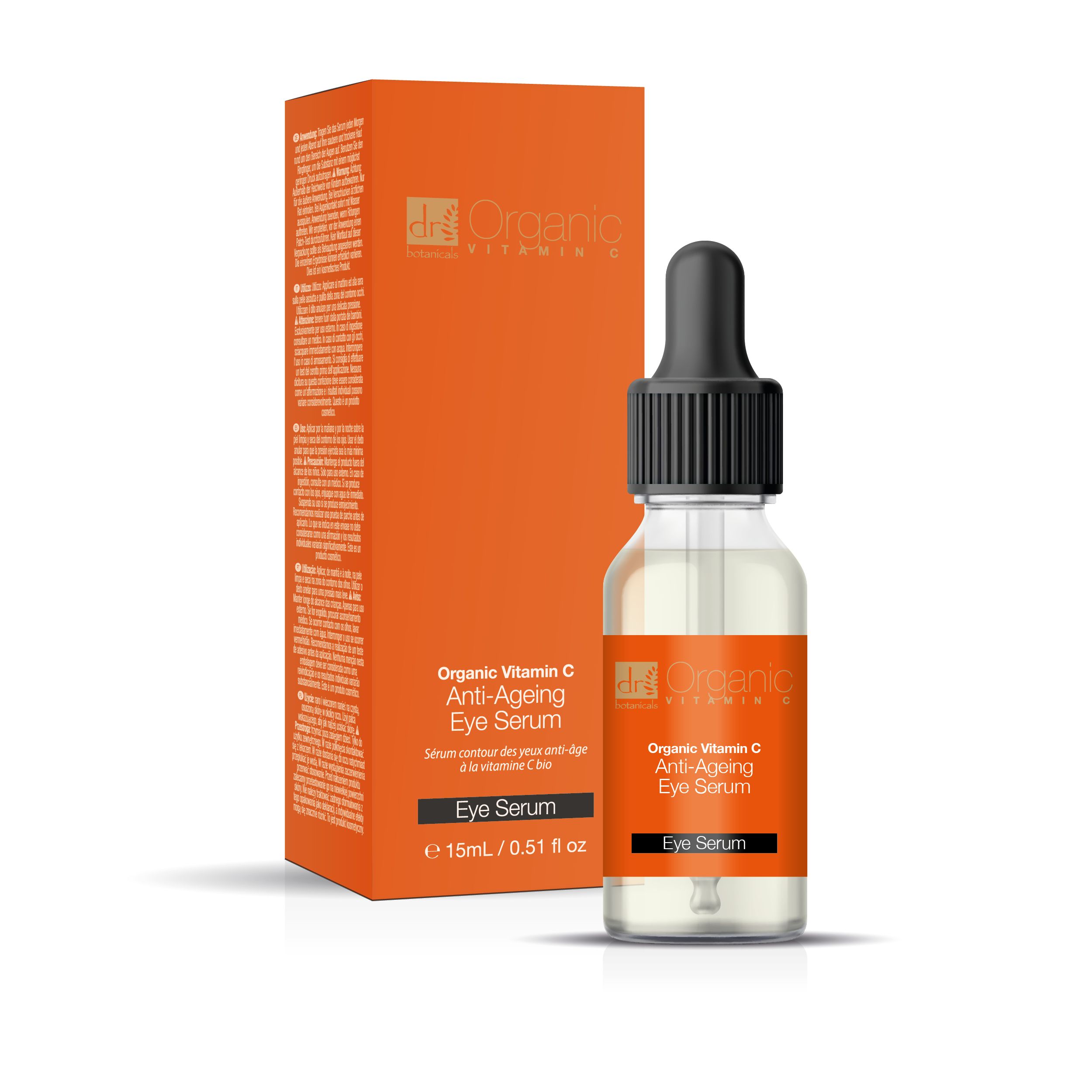 Serumflasche mit Pipette und Verpackung. Orangefarbene Verpackung mit Produktinformationen. Flasche mit Serum, klare Flüssigkeit.