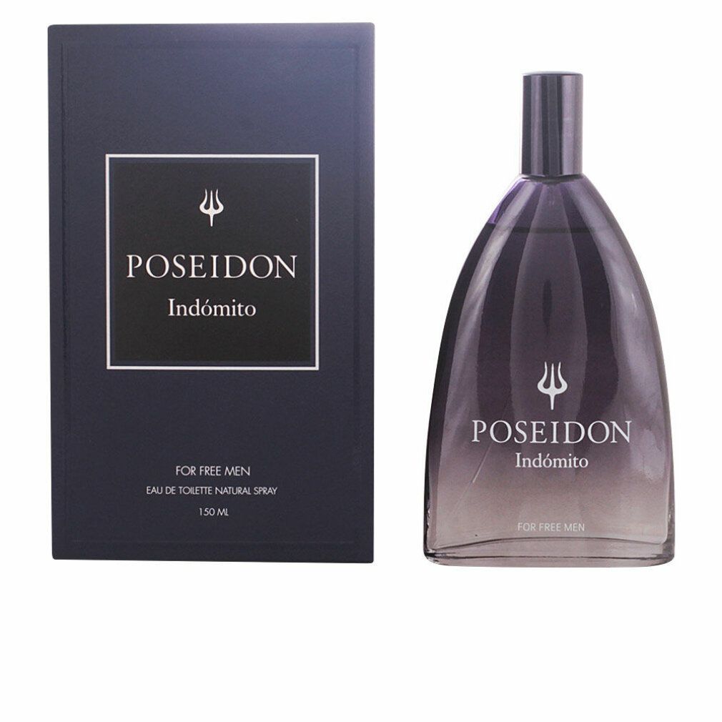 Dunkelblaue Schachtel und Flakon. Aufschrift: Poseidon Indómito. Flakon mit schwarzem Verschluss. Eau de Toilette.