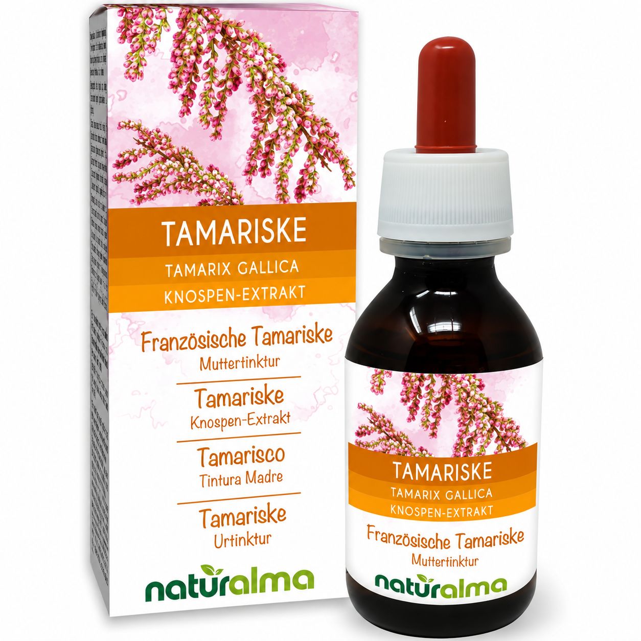 Tamariskeknospen-Extrakt von Naturalma in Braunglasflasche mit Pipette und Faltschachtel.