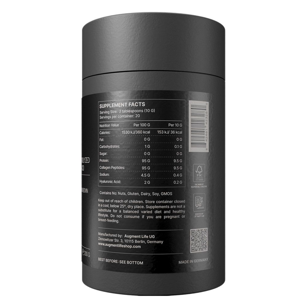 Nährwertangaben auf schwarzer Dose: Kollagen-Peptide, Hyaluronsäure, Proteine.