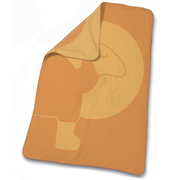 Orangefarbene Decke mit Kamel-Illustration. Gelbe Rückseite. Eckansicht.