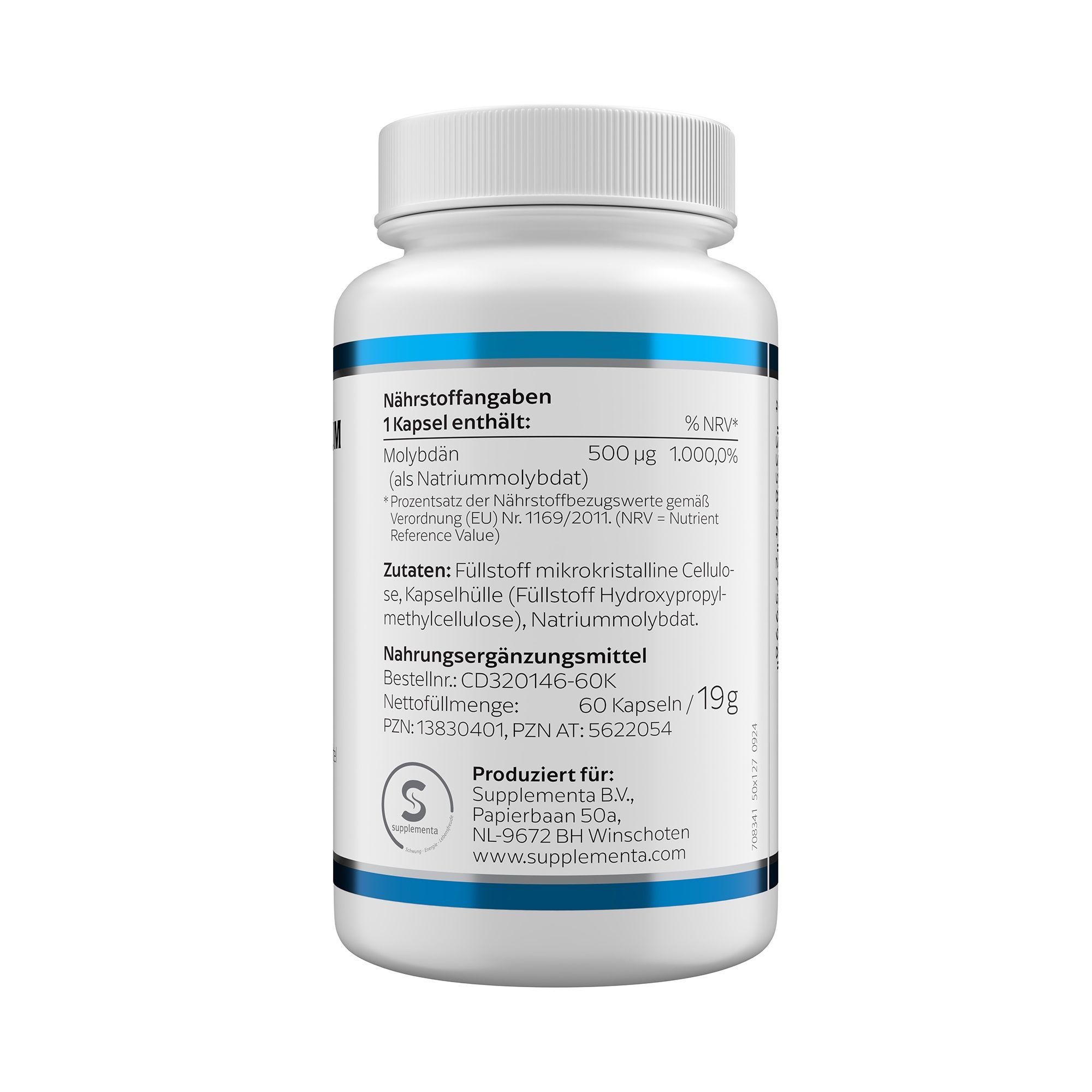 Rückseite einer weißen Flasche. Text mit Nährwertangaben und Zutaten. Enthält 60 Kapseln. Marke: Supplementa.