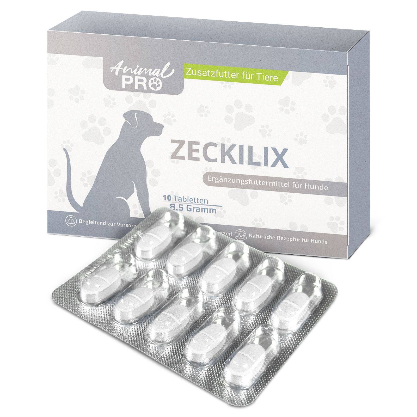 Schachtel und Blisterpackung mit Tabletten. Aufdruck: Zeckilix, Animal Pro. 10 Tabletten, 0,5 Gramm.