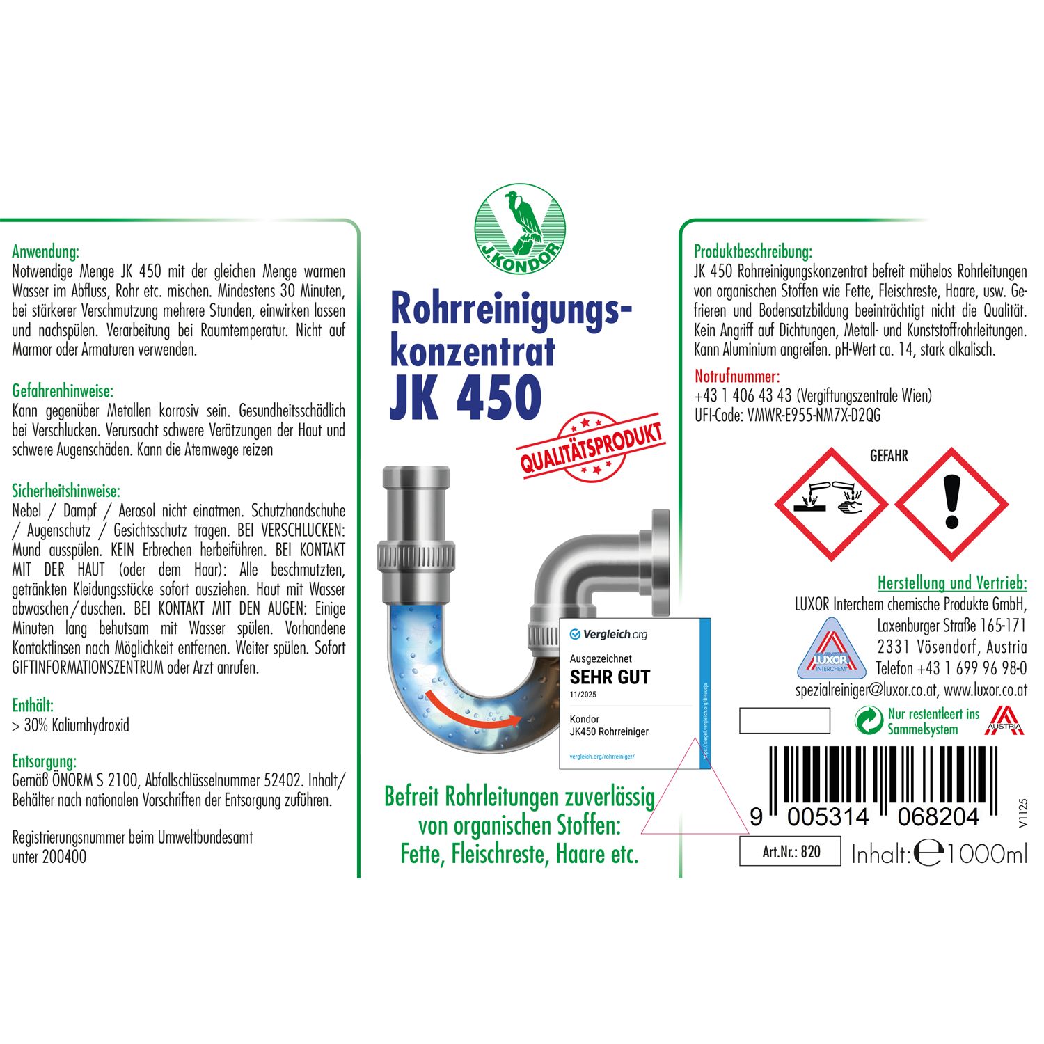Etikett mit Produktinformationen. Kondor JK450 Rohrreinigungs-Konzentrat. Qualitaetsprodukt. Illustration einer Rohrleitung. Warnhinweise.