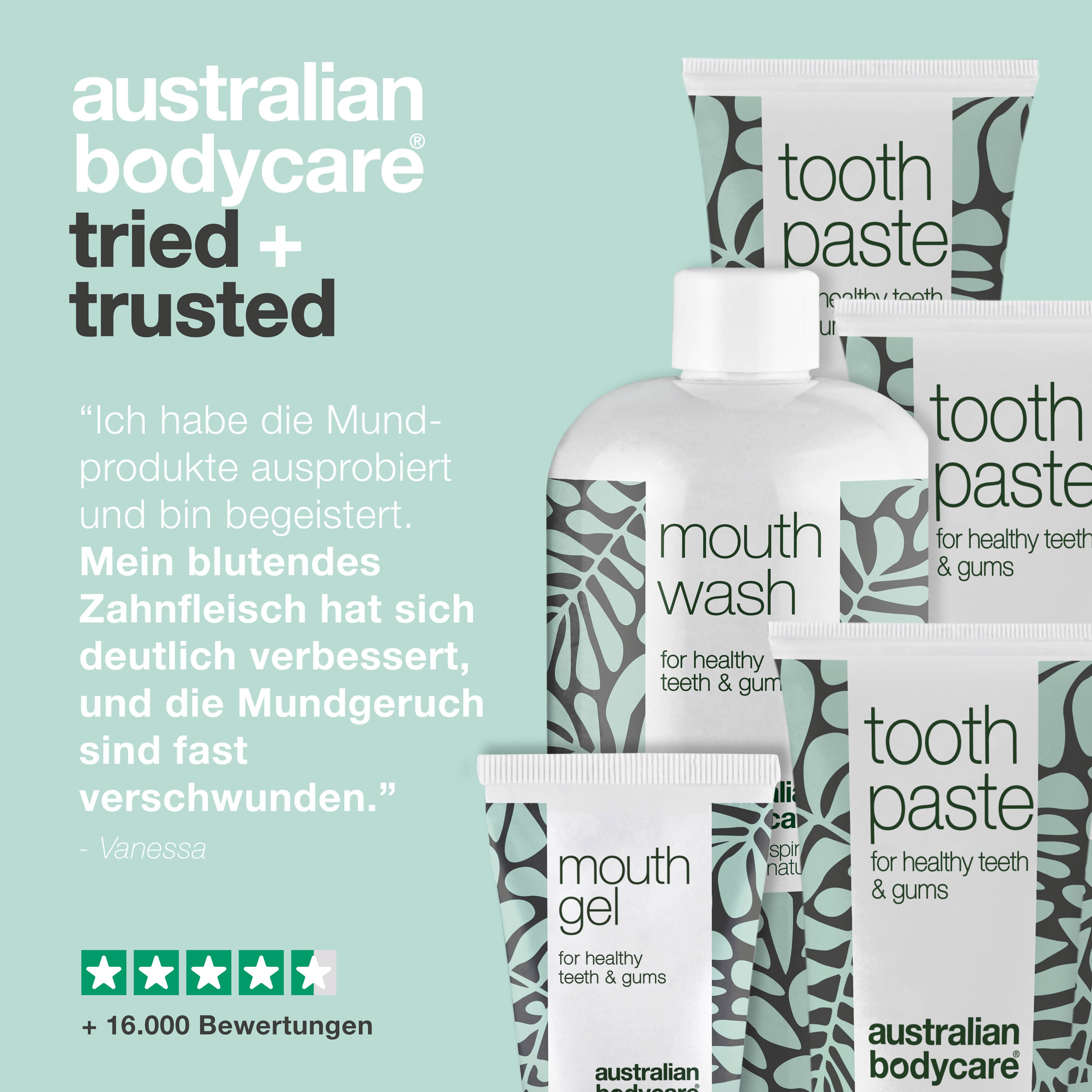 Werbebild mit Mundpflegeprodukten. Zeigt Mundgel, Zahnpasta und Mundspülung. Text: Australian Bodycare tried + trusted.