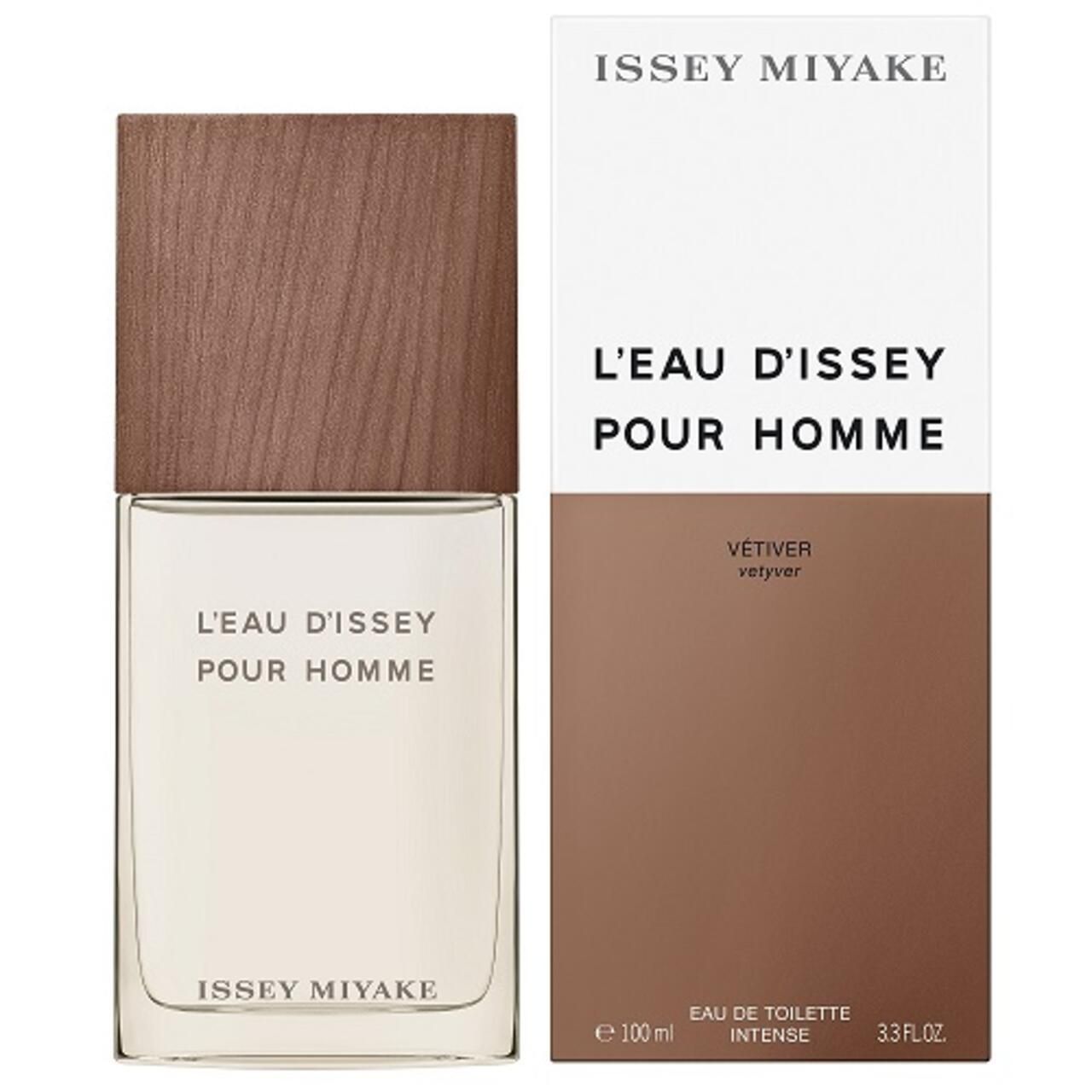 Flakon und Verpackung. Aufschrift: L'EAU D'ISSEY POUR HOMME, Vétiver, ISSEY MIYAKE. Verpackung: braun-weiß.