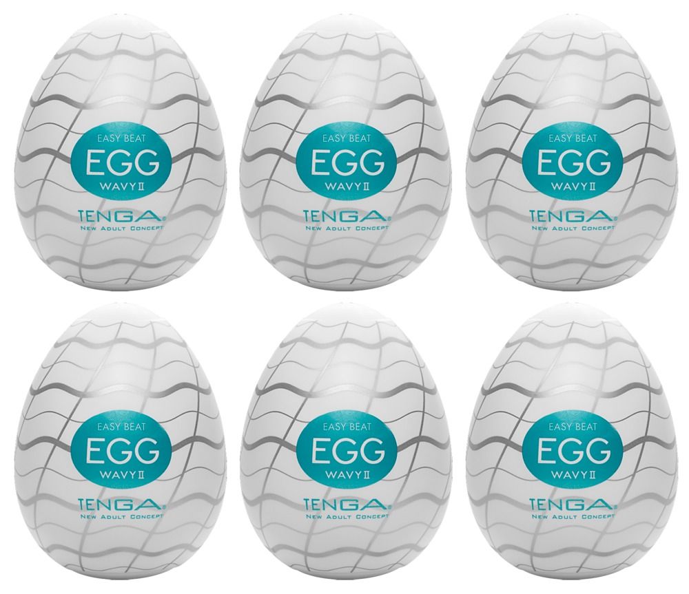 Sechs identische, ei-förmige Produkte mit Wellenmuster und Markenlogo. Text: EASY BEAT EGG WAVY II TENGA.