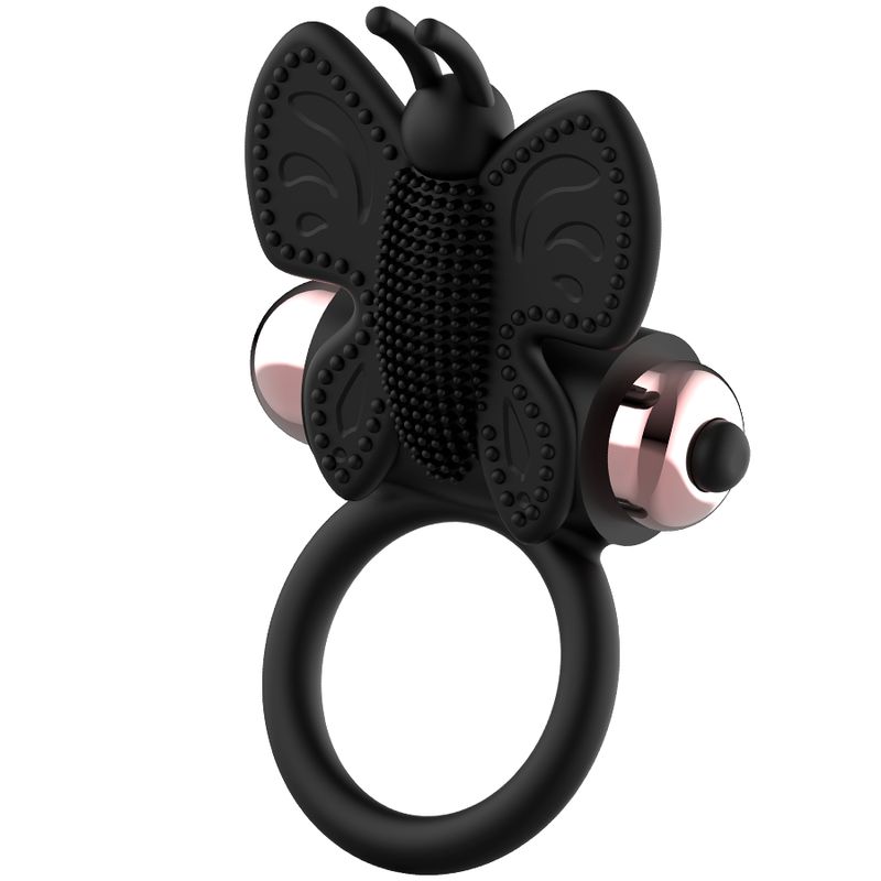 Schwarzer Vibrationsring mit Schmetterlingsdesign und rosegoldfarbenen Elementen.