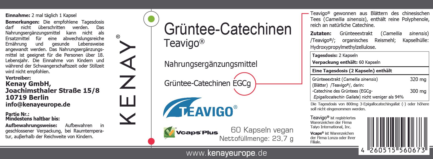 Detailansicht des Etiketts einer Flasche. Text: Grüntee-Catechin Teavigo, Nahrungsergänzungsmittel, KENAY, 60 Kapseln, vegan. Inhaltsstoffe.