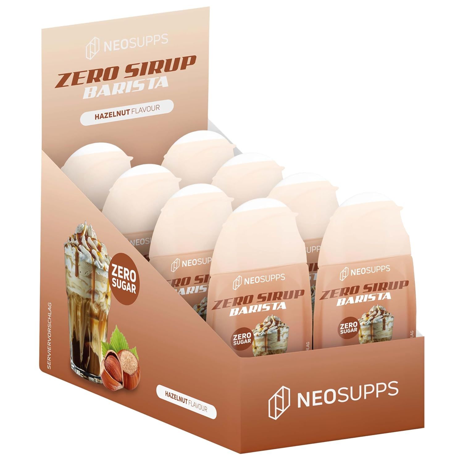Neosupps Zero Sirup Barista, Hazelnut Flavour, in Kartonverpackung. Mehrere Flaschen sichtbar.