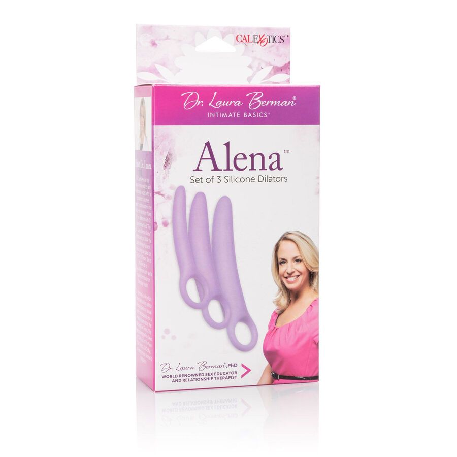 Verpackung mit drei lilafarbenen Silikondilatatoren. Aufdruck: "Alena", "Dr. Laura Berman". Rosa-lila Farbverlauf, Frauengesicht.