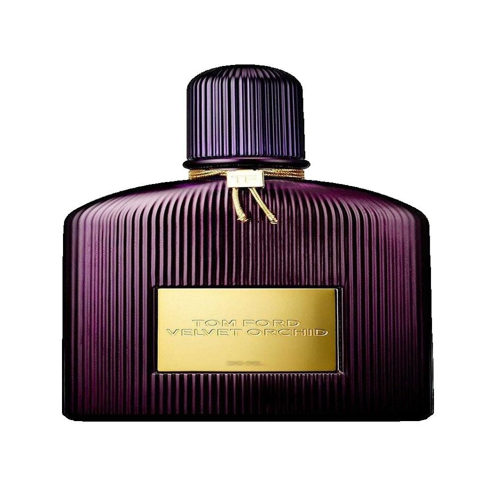 Dunkelviolette Parfumflasche mit geriffelter Oberfläche. Goldfarbenes Etikett mit Text. Schwarzer Deckel.