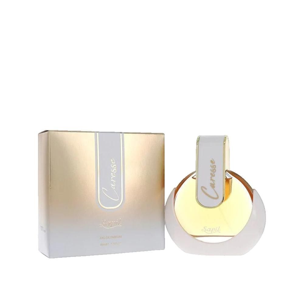 Parfümflakon und Verpackung. Flakon rund, weiß-goldfarben. Verpackung gold-weiß mit Schriftzug Caresse.