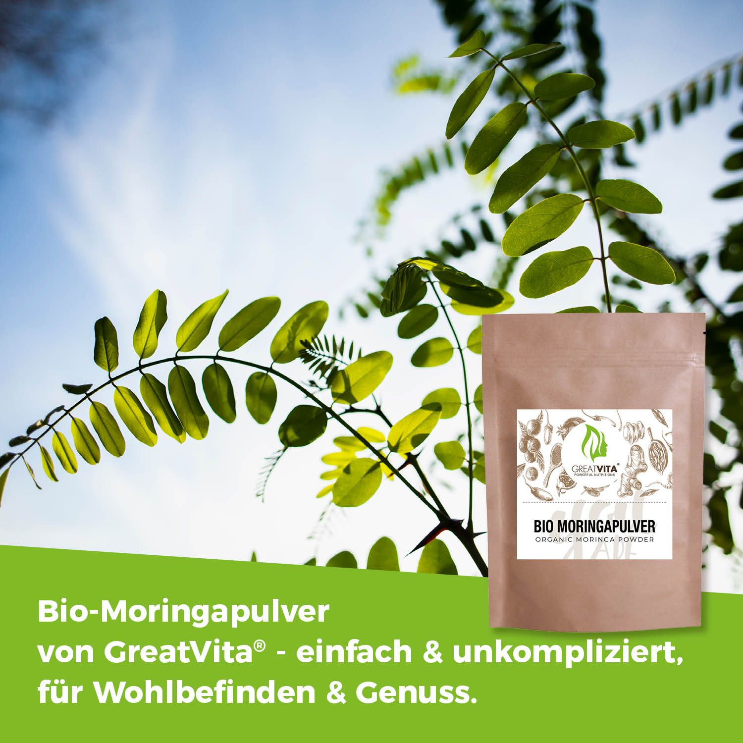 Produktverpackung mit Text "BIO MORINGAPULVER" vor blauem Himmel und grünen Blättern. Text: "einfach & unkompliziert, für Wohlbefinden & Genuss".