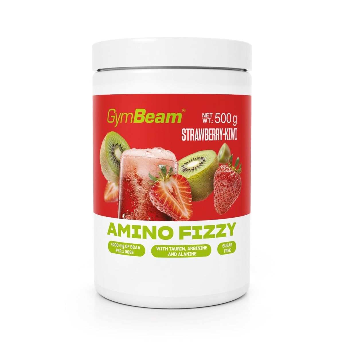 GymBeam Amino Fizzy Brausepulver in Erdbeer-Kiwi-Geschmack, 500g Dose mit Abbildung von Früchten und einem Glas Getränk.