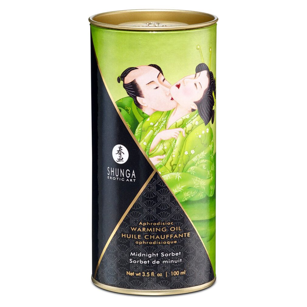 Zylindrische Verpackung mit grünem Hintergrund und Abbildung. Aufschrift: Shunga, Warming Oil, Midnight Sorbet.